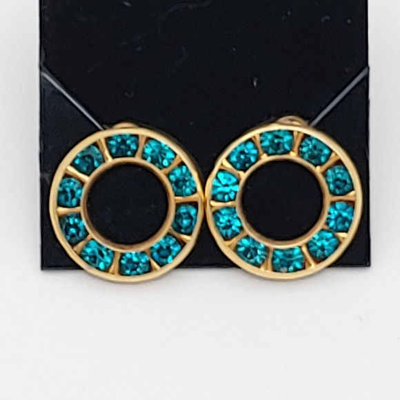 EUC Gold tone and turquoise rhinestones post earrings shaped like wreaths - Picture 2 of 2